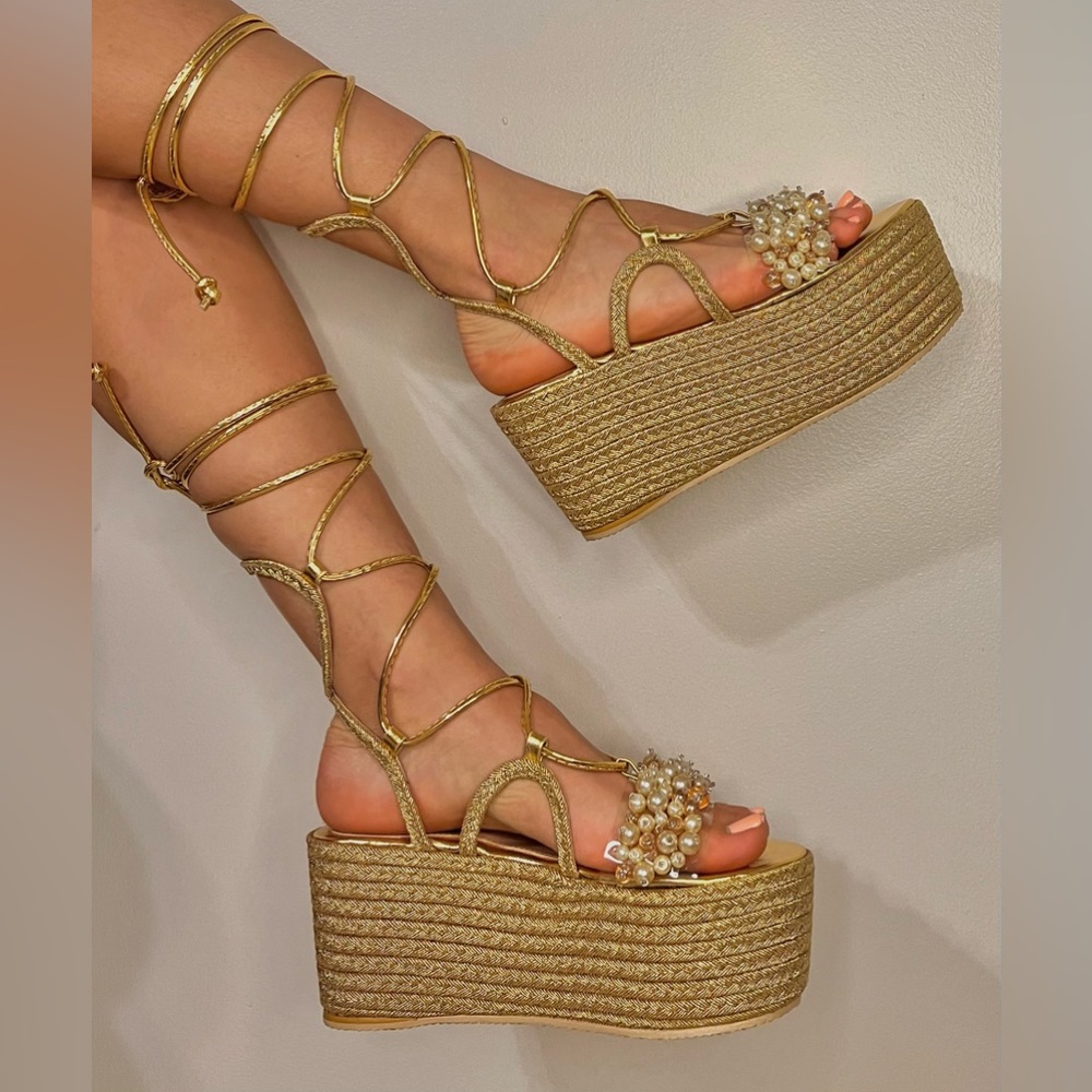 Gold LaceUp espadrilles beaded open toe. Gladiator style!